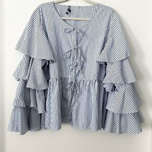 Dice Striped Tiered Sleeve Blouse 2X